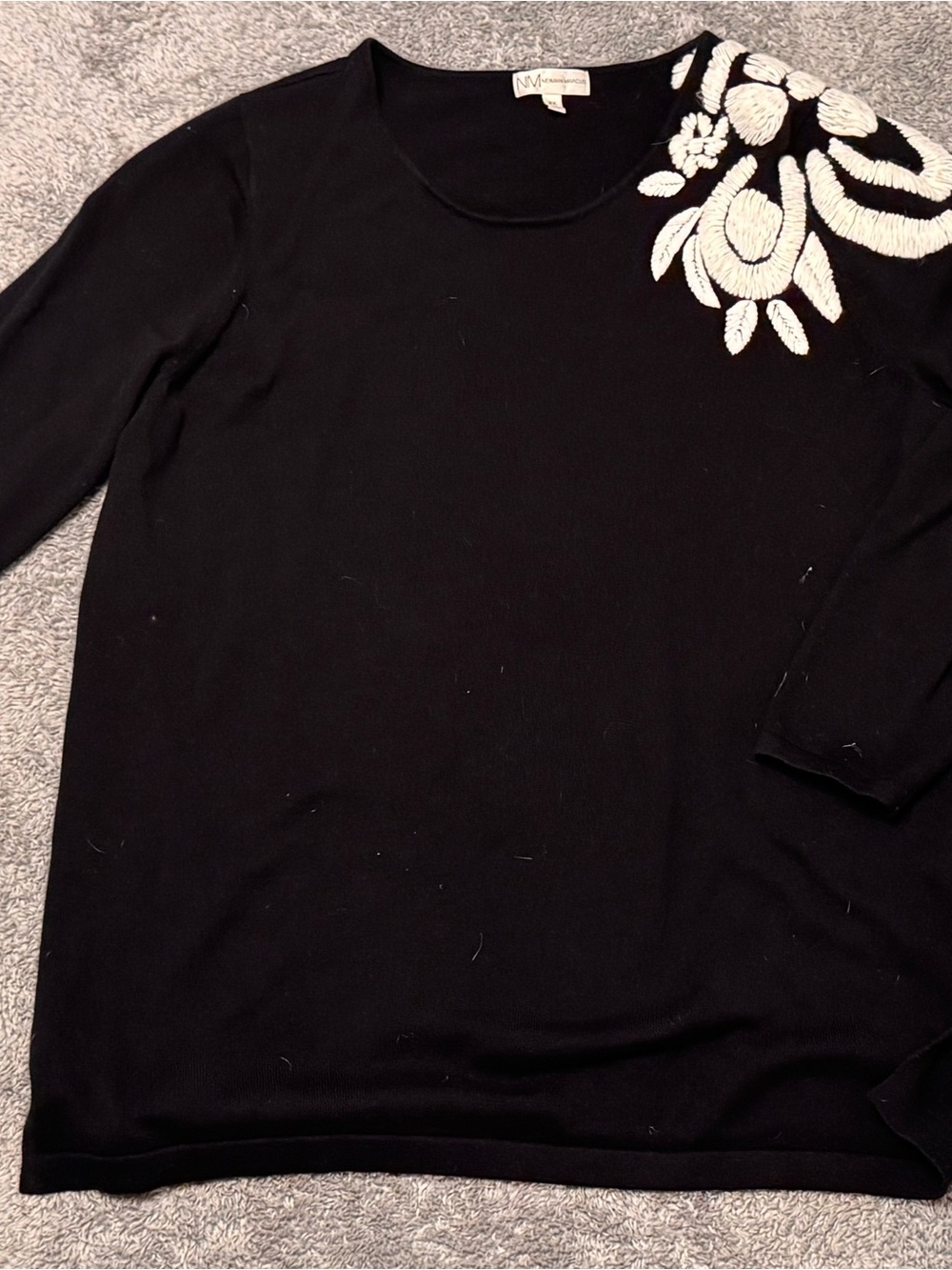 Black Sweater with White Embroidered Shoulder Detail
